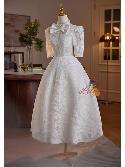 White Lace High Neck Short Sleeve Wedding Dress