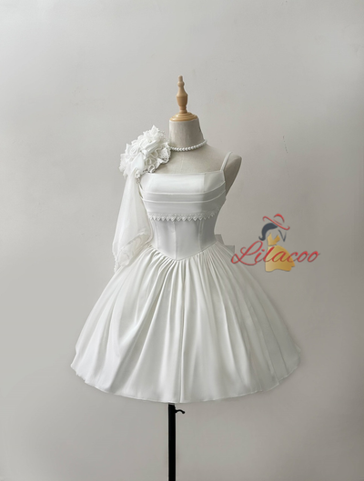 White Satin Straps Short Wedding Dress