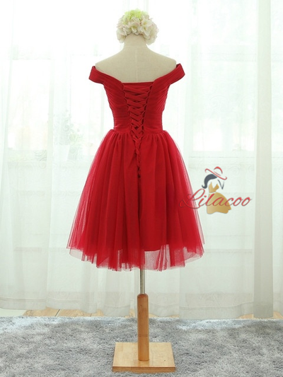 Red Tulle Off the Shoulder Pleats Homecoming Dress