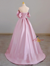Pink Satin Off the Shoulder Pearls Prom Dress