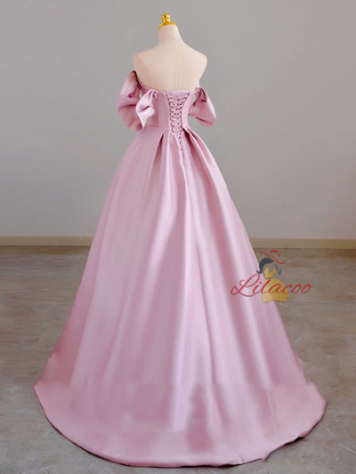 Pink Satin Off the Shoulder Pearls Prom Dress