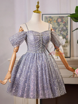 Blue Tulle Sequins Straps Homecoming Dress