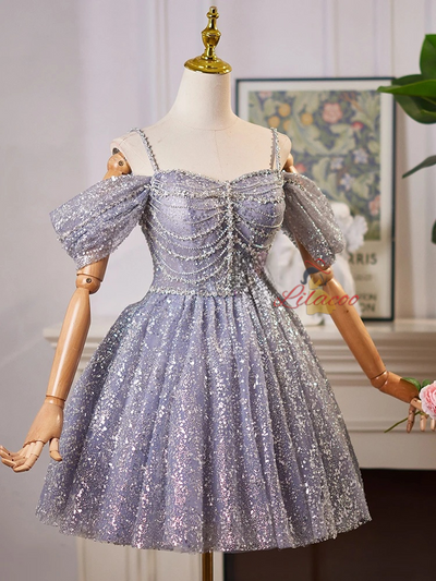 Blue Tulle Sequins Straps Homecoming Dress