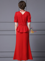 Red Short Sleeve Pleats Beading Split Mother Of The Bride Dress
