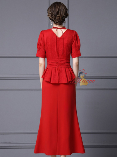 Red Short Sleeve Pleats Beading Split Mother Of The Bride Dress