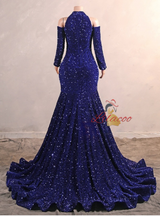 Blue Mermaid Halter Sequins Long Sleeve Prom Dress