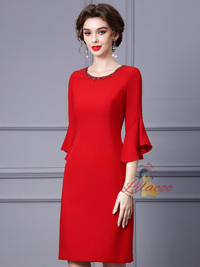 Red Long Short Sleeve Mother Of The Bride Dress