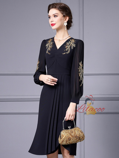 Black Long Sleeve Beading Mother Of The Bride Dress