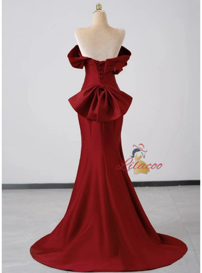 Burgundy Mermaid Pleats Bow Prom Dress
