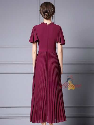 Burgundy Chiffon Pleats Mother of the Bride Dress