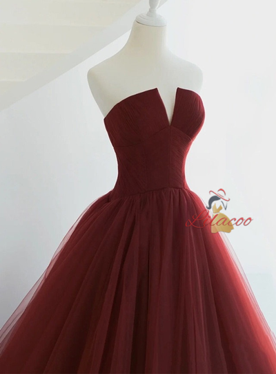 Burgundy Tulle Pleats Prom Dress