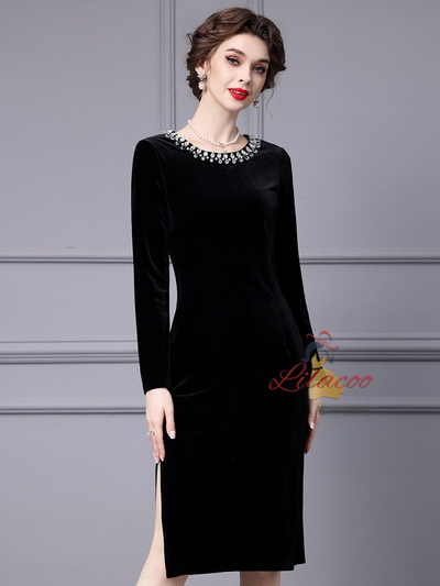 Black Long Sleeve Velvet Mother Of The Bride Dress