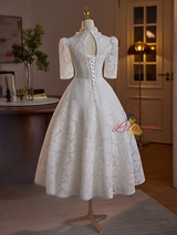 White Lace High Neck Short Sleeve Wedding Dress