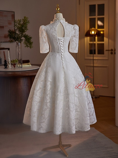 White Lace High Neck Short Sleeve Wedding Dress