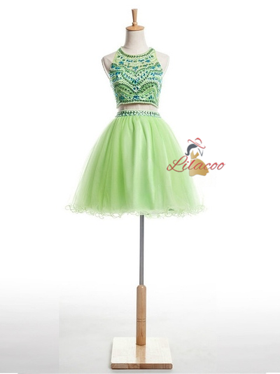 Pink Two Piece Halter Crystal Homecoming Dress