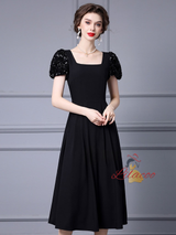 Black Sequins Puff Sleeve Mother Of The Bride Dress
