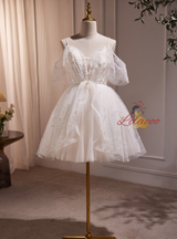 White Tulle Sequins Pearls Homecoming Dress