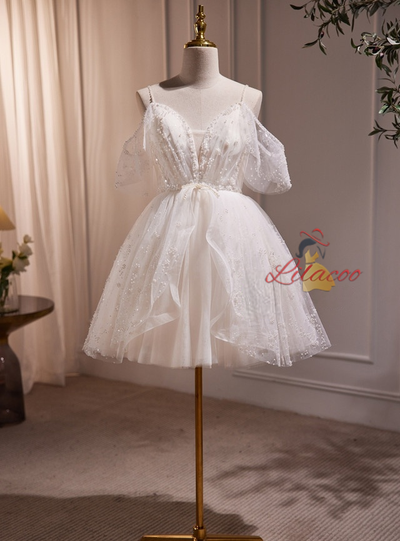 White Tulle Sequins Pearls Homecoming Dress