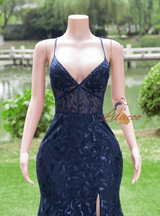 Navy Blue Mermaid Spaghetti Straps Prom Dress