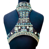 Blue Satin High Neck Beading Homecoming Dress