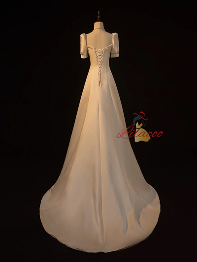 White Satin Short Sleeve Pleats Wedding Dress
