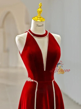 Burgundy Velvet Beading Prom Dress