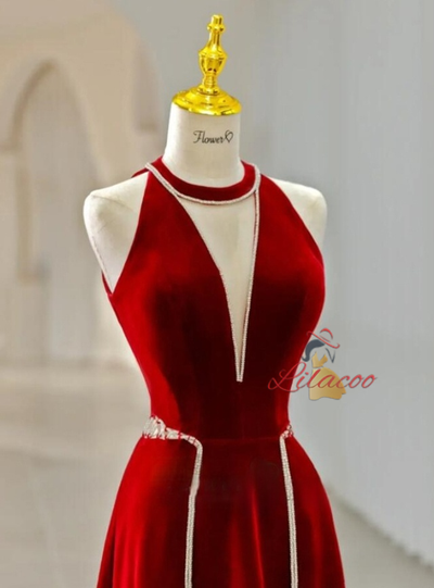 Burgundy Velvet Beading Prom Dress