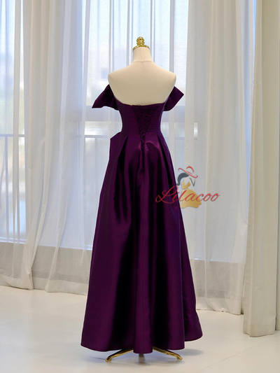 Purple Satin Off the Shoulder Prom Dress