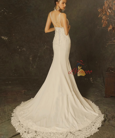White Mermaid Appliques Beading Wedding Dress