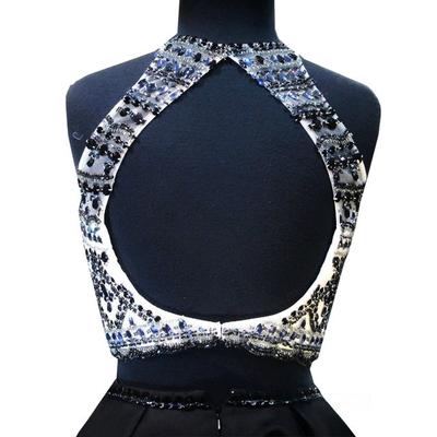 Black Satin Two Piece Beading Homecoming Dress