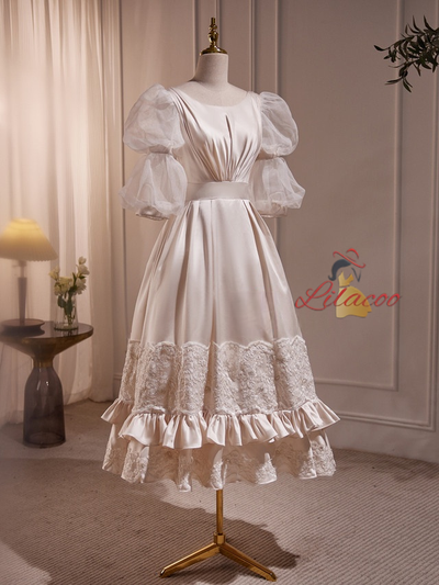 Ivory Satin Lace Short Sleeve Wedding Dress