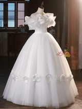 Vintage White Tulle 3D Flower Wedding Dress