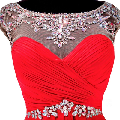 Red Chiffon Pleats Crystal Homecoming Dress