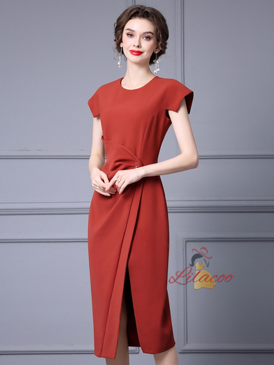 Brick-red Split Mother Of The Bride Dress