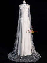 White Mermaid Tulle High Neck Crystal Wedding Dress