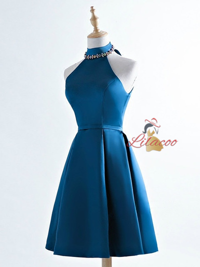 Blue Satin High Neck Beading Homecoming Dress