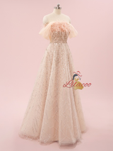 Champagne Tulle Sequins Beading Feather Prom Dress