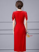 Red Velvet Short Sleeve Split Mother Of The Bride Dress