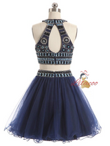 Navy Blue Two Piece Beading Homecoming Dress