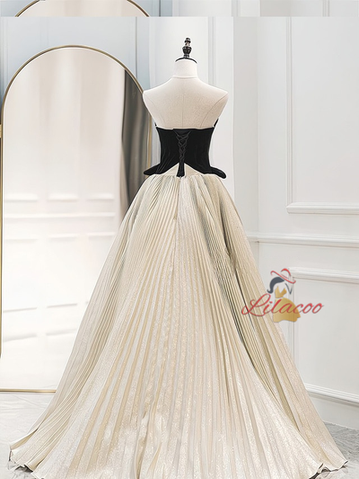 Pleats Strapless Black Velvet Prom Dress