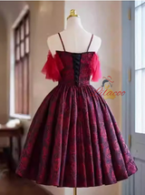 Burgundy Print Spaghetti Straps Homecoming Dress