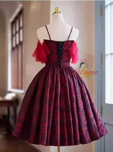 Burgundy Print Spaghetti Straps Homecoming Dress