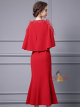 Red Scoop Neck Sequins Mother Of The Bride Dress