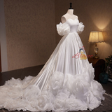 White Satin Sweetheart Pleats Flower Wedding Dress