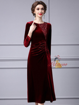 Burgundy Velvet Sequins Pleats Mother Of The Bride Dress