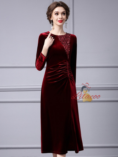 Burgundy Velvet Sequins Pleats Mother Of The Bride Dress