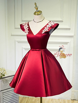 Burgundy Satin V-neck Homecoming Dresses