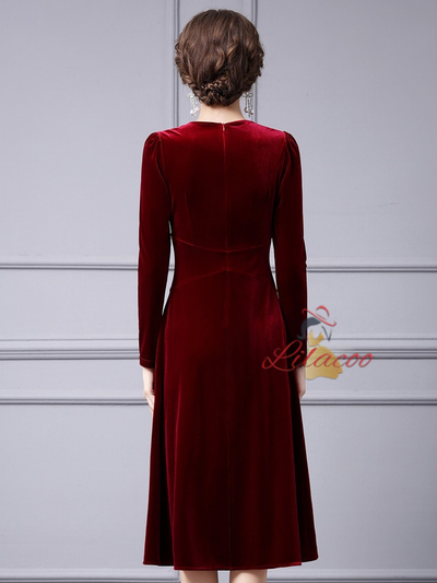 Burgundy Velvet Long Sleeve Mother Of The Bride Dress