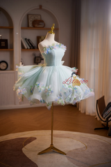 Green Tulle Strapless Flower Homecoming Dress
