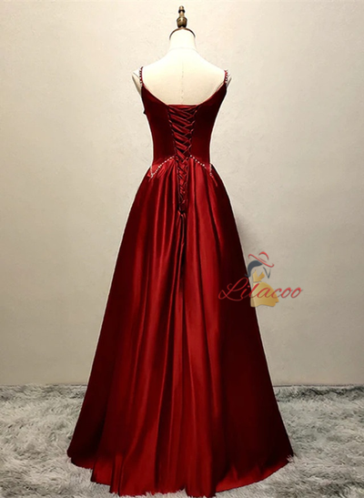 Burgundy Satin Straps Pearls Prom Dress
